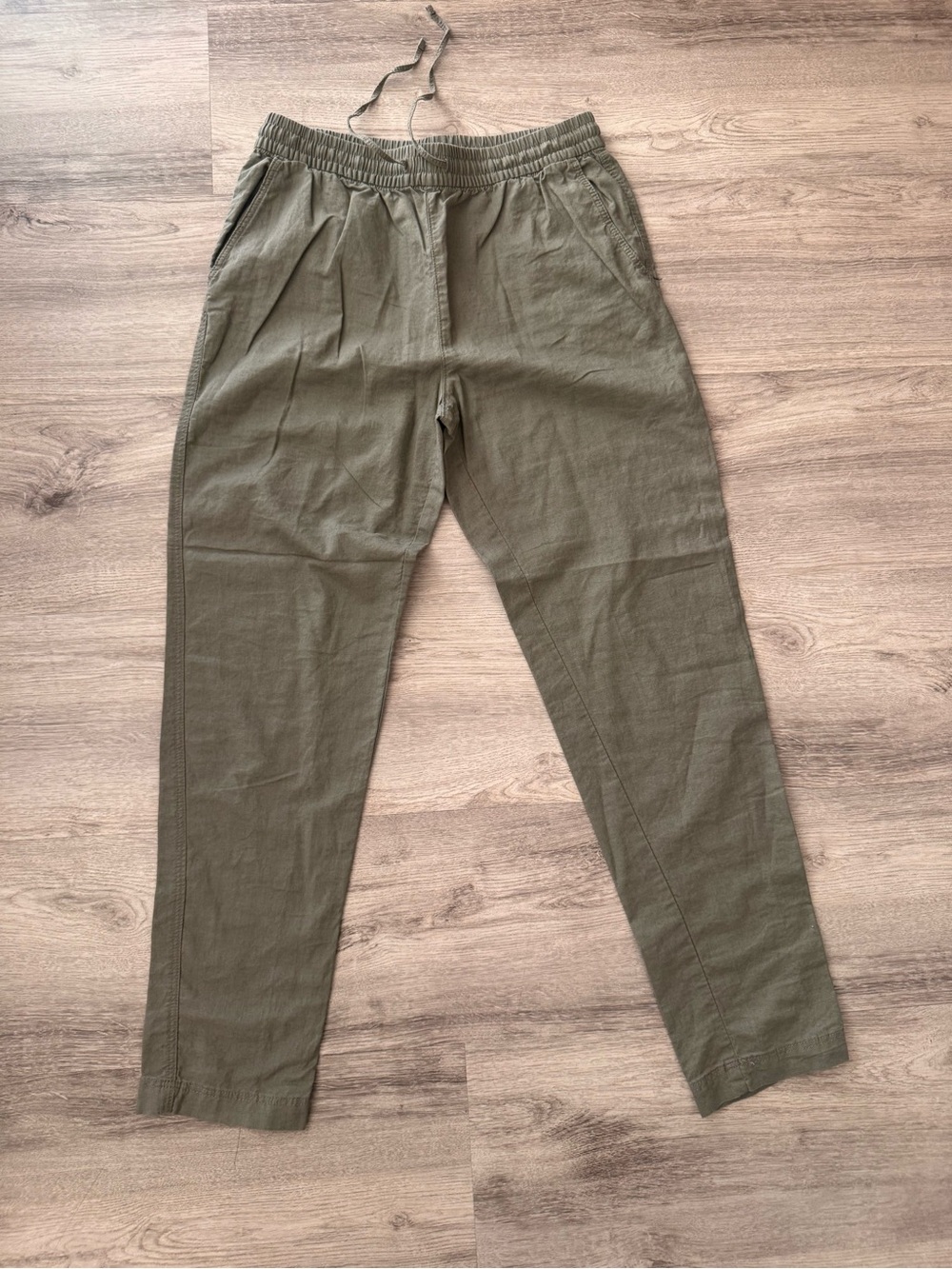 Linen blend Olive Green Drawstring Casual Pants
